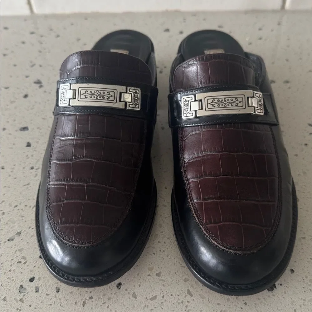Brighton DEEDEE VINTAGE Black Brown Leather Mules Loafers Made in Italy Size 7.5